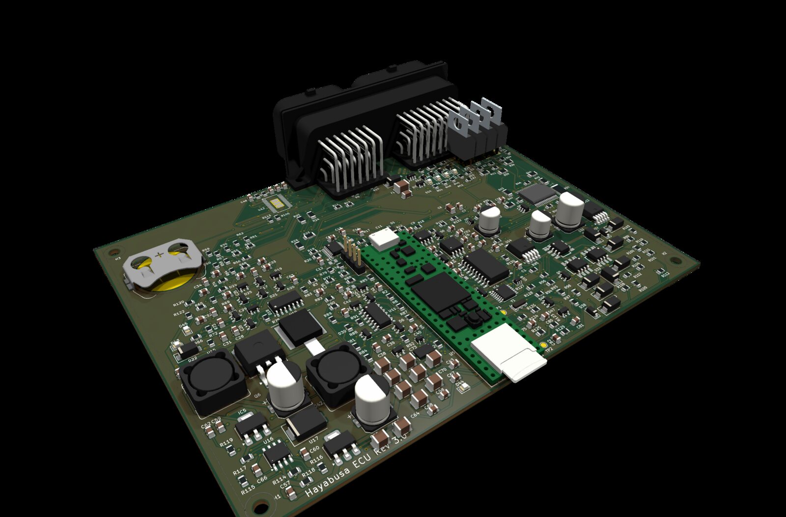 ECU-Platine, 3D-Render schräg von vorn