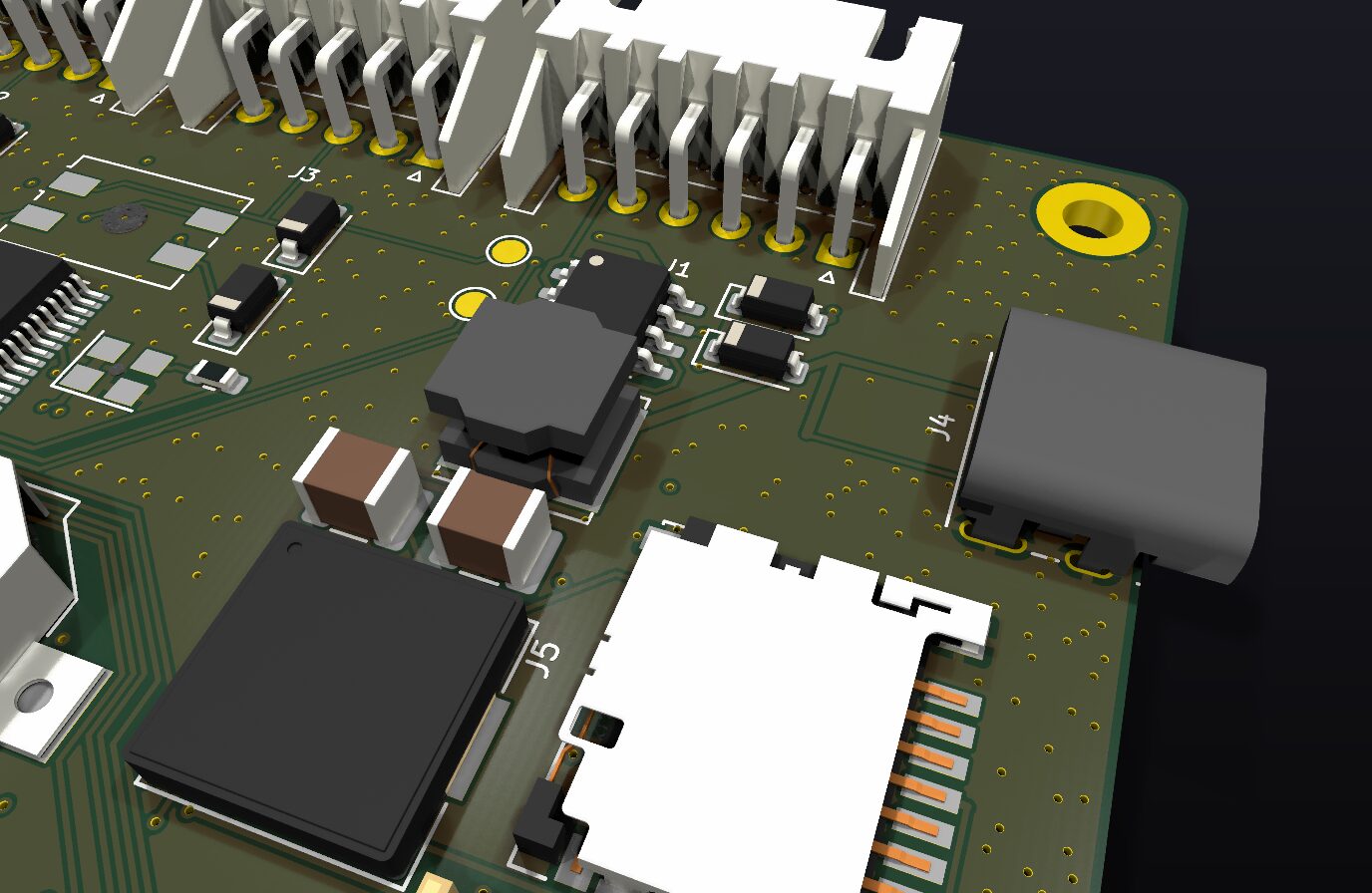 Detail: Bordnetzstecker, Buck-Regler und microSD