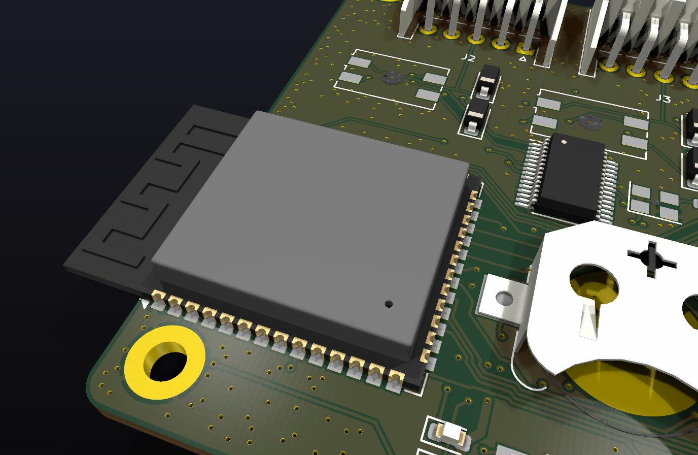 Detail der Hauptplatine: ESP32-S3 mit über die Kante ragender Antenne